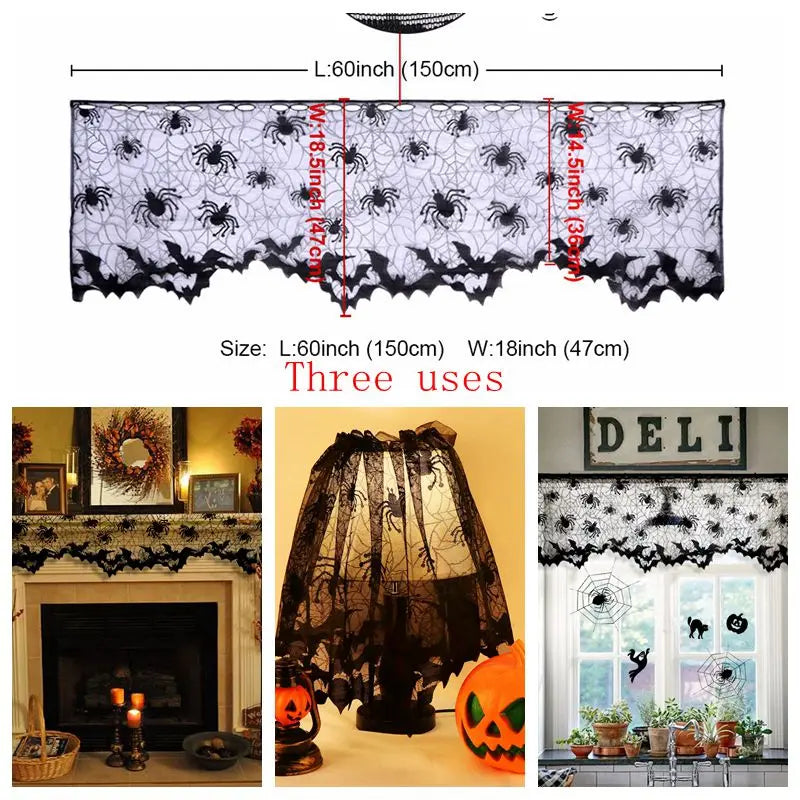 Ourwarm Halloween Party Black Lace Spiderweb Fireplace Mantle Scarf Table Cloth Horror Props Halloween Party Favor Decoration Three uses China