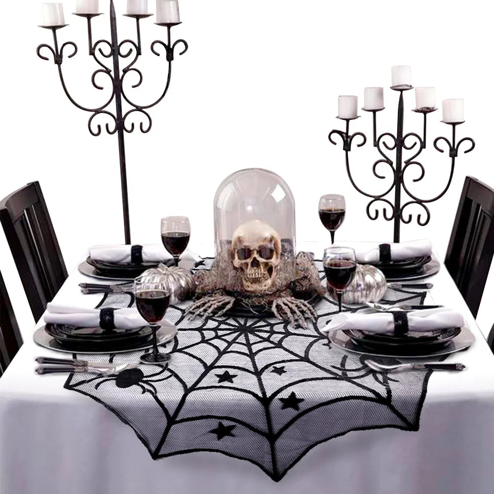 Ourwarm Halloween Party Black Lace Spiderweb Table Cloth 100cm Table Covers Window Hanging Horror Halloween Party Decoration