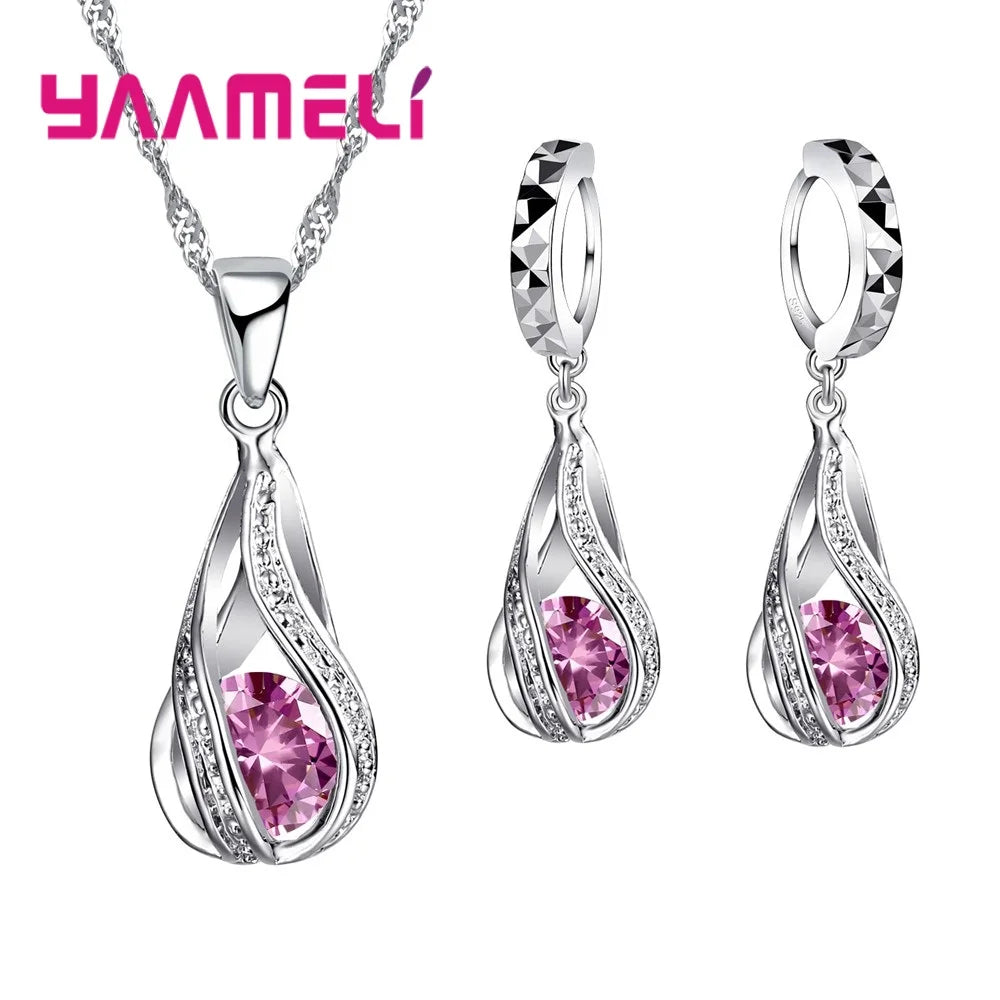 Hot Water Drop CZ 925 Sterling Silver Plated Jewelry Set For Women Pendant Necklace Hoop Earrings Wedding Party Ceremoey Anel Pink