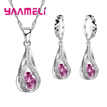 Hot Water Drop CZ 925 Sterling Silver Plated Jewelry Set For Women Pendant Necklace Hoop Earrings Wedding Party Ceremoey Anel Pink