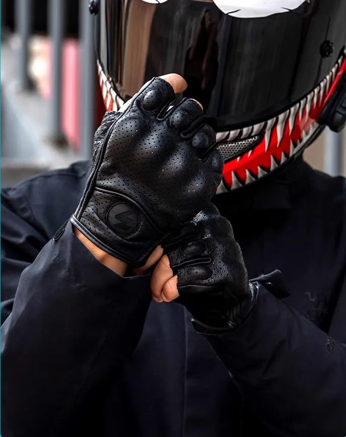 Half Finger Motorcycle Gloves Leather Guantes Moto Guantes Moto Motorcycle Fingerless Gloves Leather Moto Cycling Biker Racing