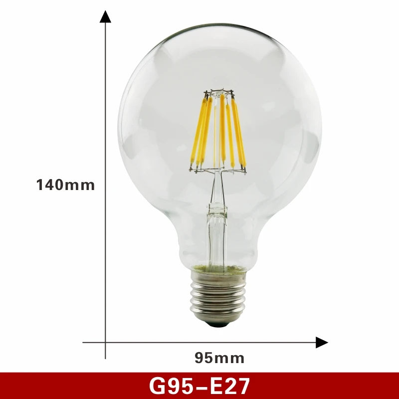 2pcs E27 E14 Retro Edison LED Filament Bulb Lamp AC220V Light Bulb C35 G45 A60 ST64 G80 G95 G125 Glass Bulb Vintage Candle Light G95 E27