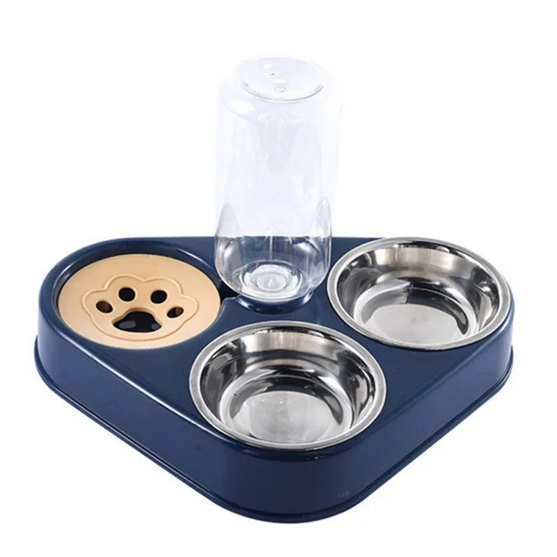 500ML Dog Bowl Cat Feeder Bowl With Dog Water Bottle Automatic Drinking Pet Bowl Cat Food Bowl Pet Stainless Steel Double 3 Bowl 3 in 1 Navy blue