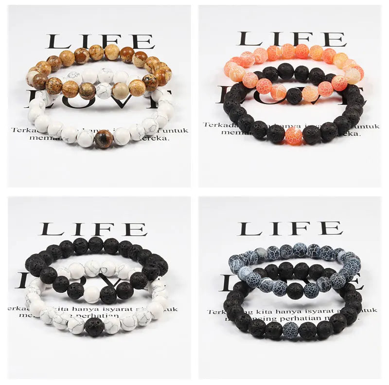 Set Bracelet Couples Distance Black White Natural Lava Stone Tiger Eye Beaded Yoga Bracelets for Men Women Elastic Rope Jewelry