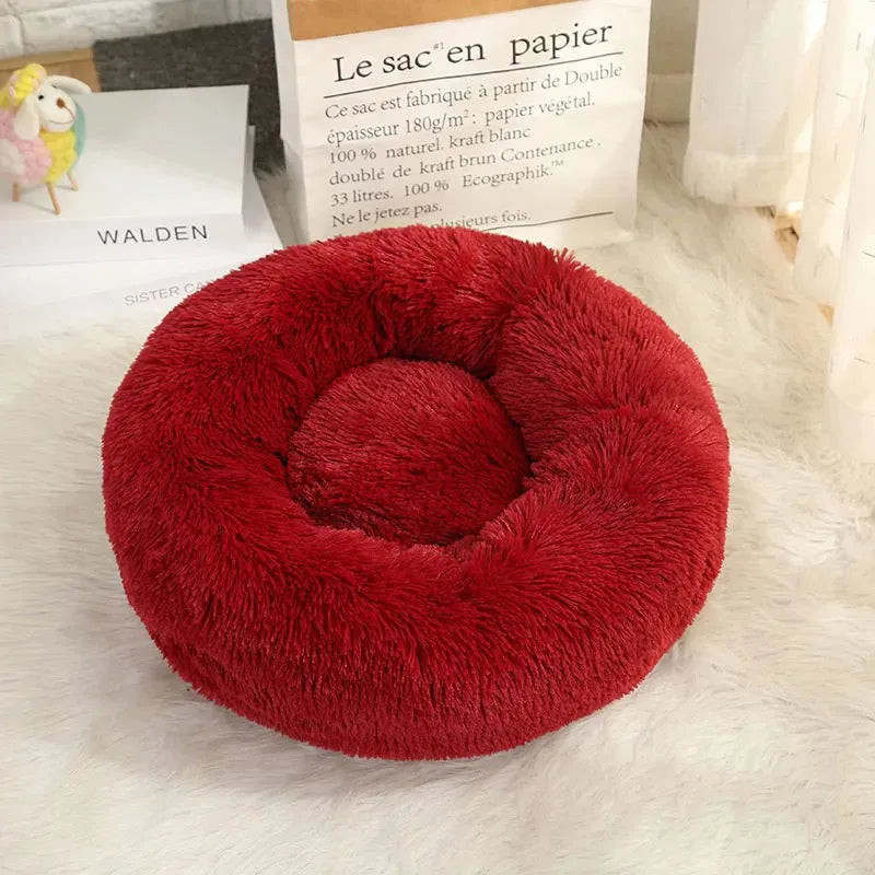 Very Soft Plush Dog Bed Cat House Donut Basket Fluffy Cushion Big Pet Pillow Mat Kennel Lounger Large Medium Small For Dogs Bed Crimson