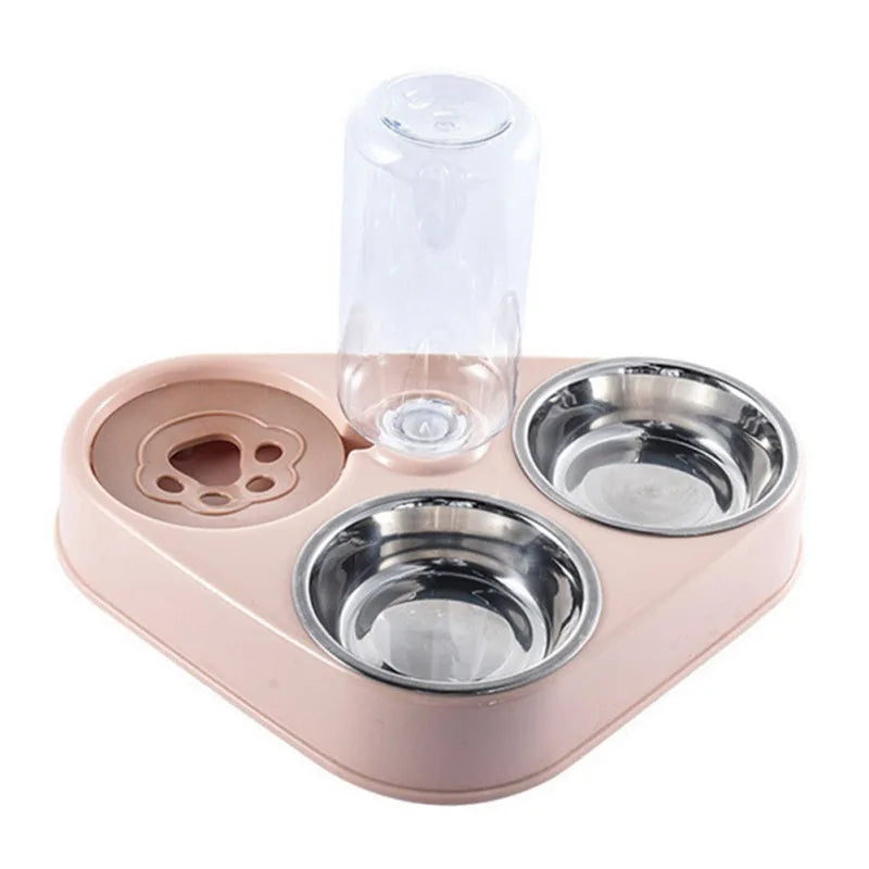 500ML Dog Bowl Cat Feeder Bowl With Dog Water Bottle Automatic Drinking Pet Bowl Cat Food Bowl Pet Stainless Steel Double 3 Bowl 3 in 1 Pink