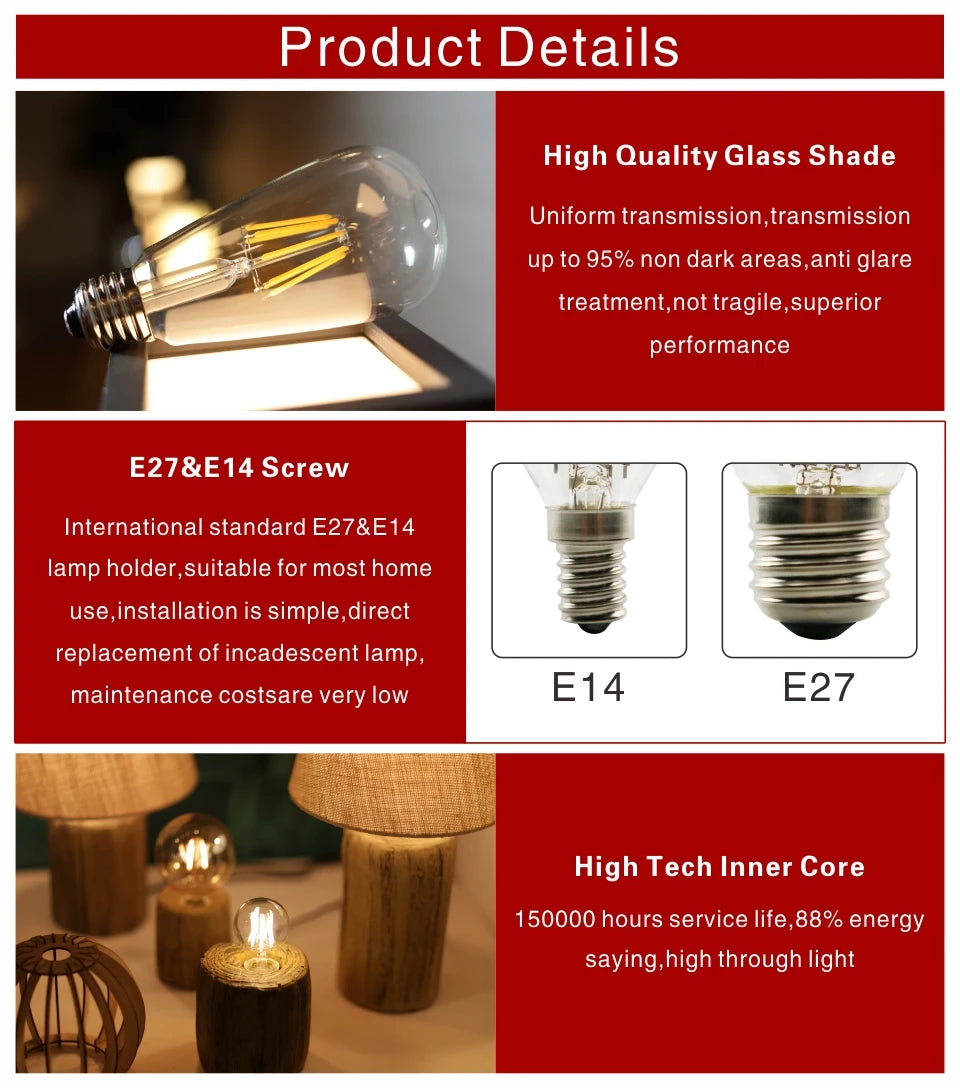 2pcs E27 E14 Retro Edison LED Filament Bulb Lamp AC220V Light Bulb C35 G45 A60 ST64 G80 G95 G125 Glass Bulb Vintage Candle Light