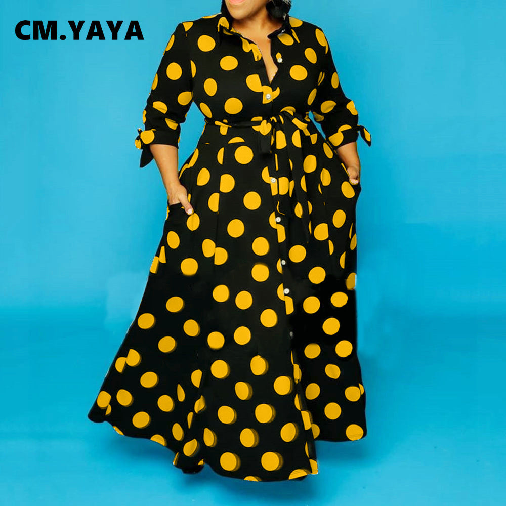 CM.YAYA Autumn Dot Print Button Up Plus Size XL-5XL Women Blousers Maxi Dress Vestidos Streetwear Long Dresses Vestidos