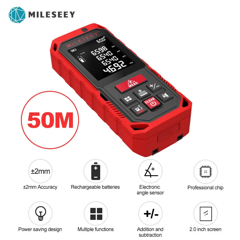 Mileseey Laser Distance Meter Electronic Roulette Laser Digital Tape Rangefinder Trena Metro Laser Range Finder Measuring Tape S2-Red-50M