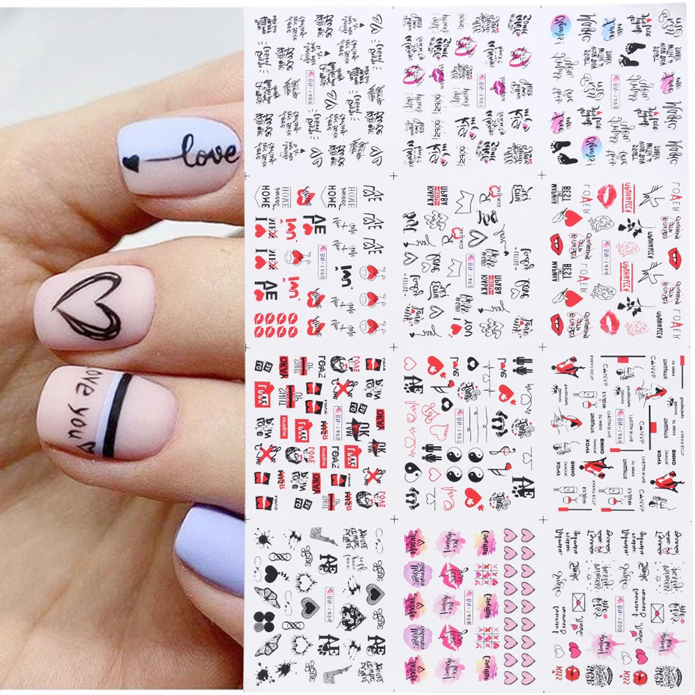 12pcs Valentines Manicure Love Letter Flower Sliders for Nails Inscriptions Nail Art Decoration Water Sticker Tips GLBN1489-1500