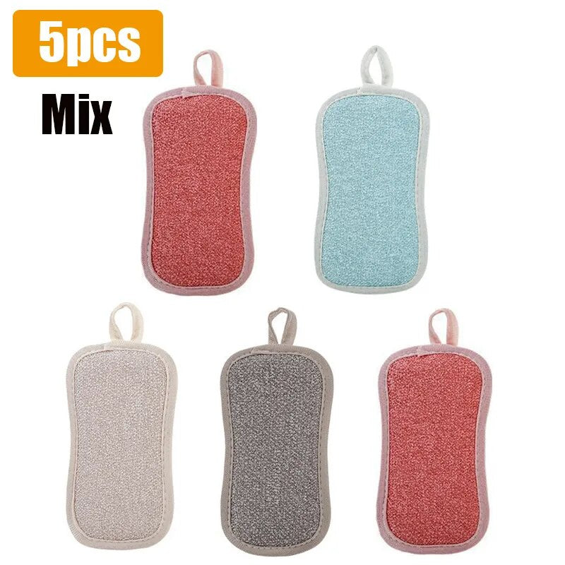 Kitchen Cleaning Magic Sponge Dishcloth Double Sided Scouring Pad Rag Scrubber Sponges For Dishwashing Pot Kitchen Cleaning Tool 5PC 4
