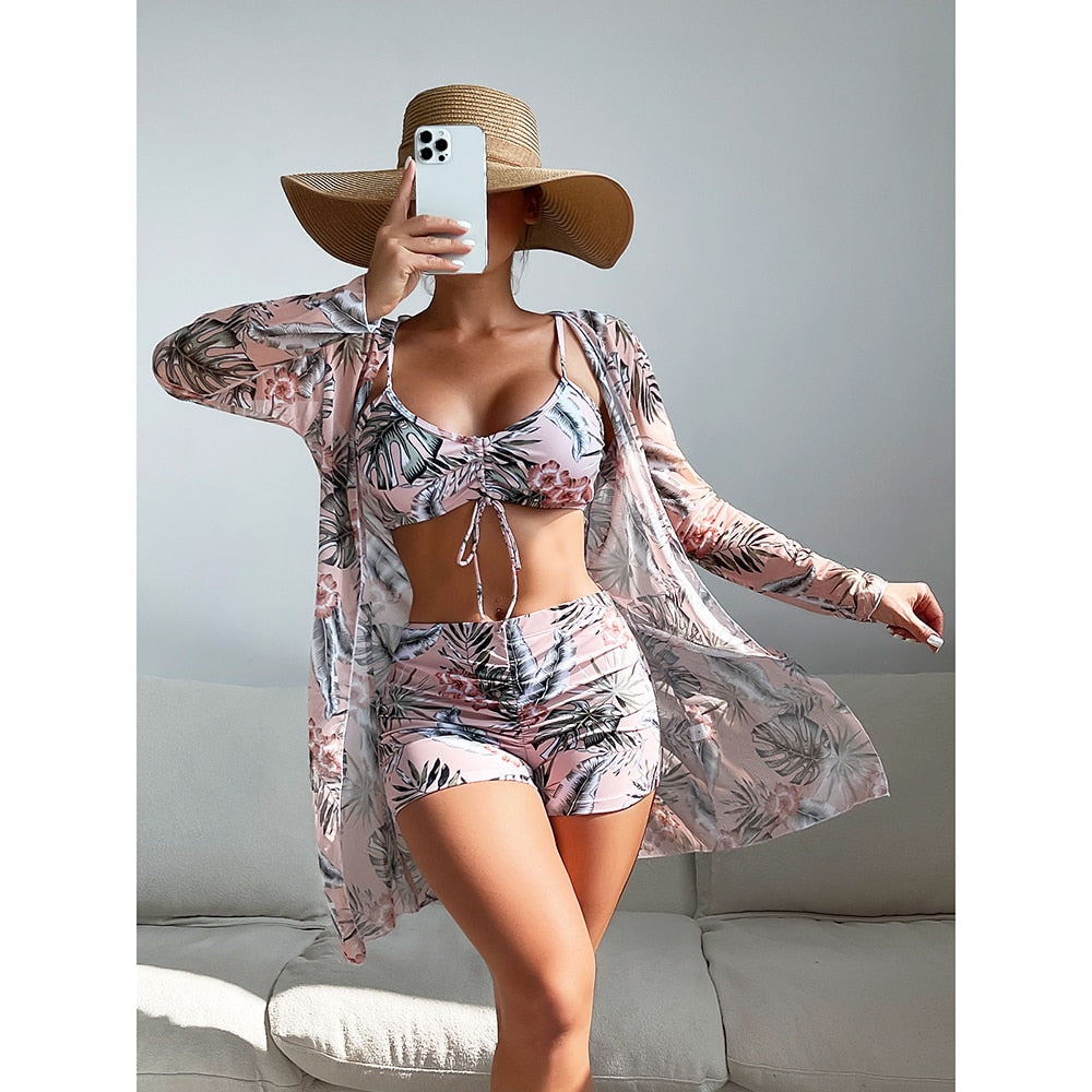 High Waist Bikinis 2023 Sexy 3 Piece Bikini Set Cover Up Swimsuit for Women Long Sleeve Push Up Swimwear Beach Wear Bathing Suit Khaki