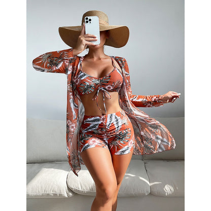 High Waist Bikinis 2023 Sexy 3 Piece Bikini Set Cover Up Swimsuit for Women Long Sleeve Push Up Swimwear Beach Wear Bathing Suit Auburn