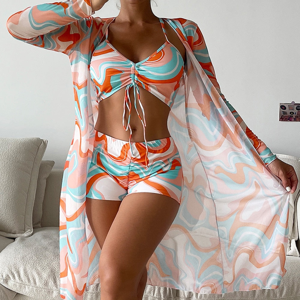 High Waist Bikinis 2023 Sexy 3 Piece Bikini Set Cover Up Swimsuit for Women Long Sleeve Push Up Swimwear Beach Wear Bathing Suit Orange