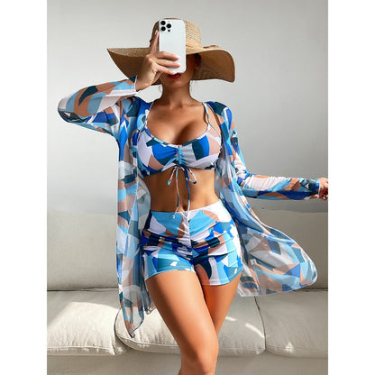 High Waist Bikinis 2023 Sexy 3 Piece Bikini Set Cover Up Swimsuit for Women Long Sleeve Push Up Swimwear Beach Wear Bathing Suit Blue White