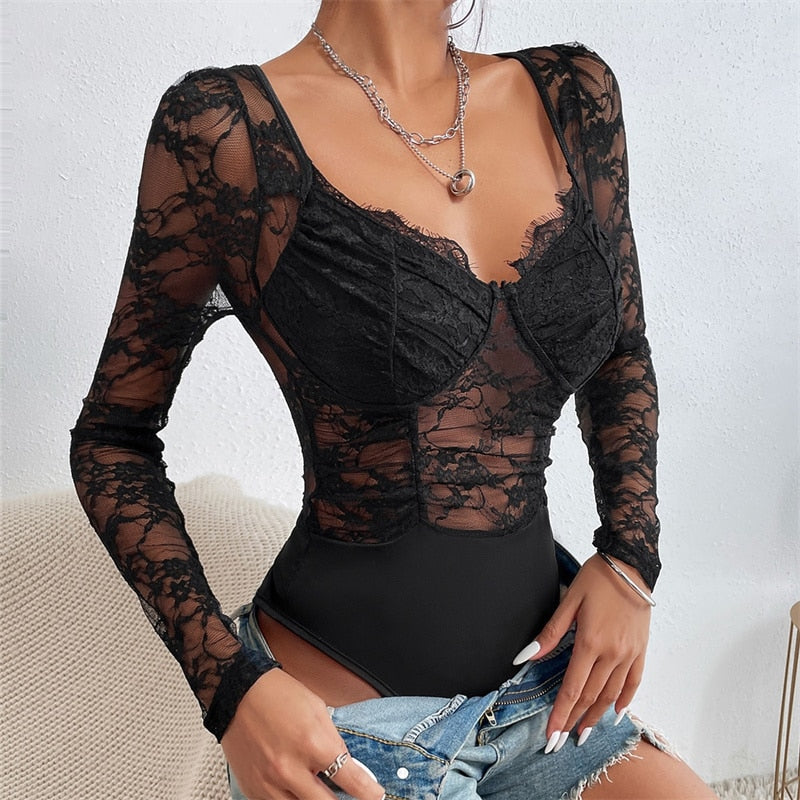 Lace Bodysuit Playsuit Romper Bottom Summer Thin Bodysuits Womens Clothing Ropa De Mujer Sexy Nightclub Overalls Jumpsuit Women 10-9746-black