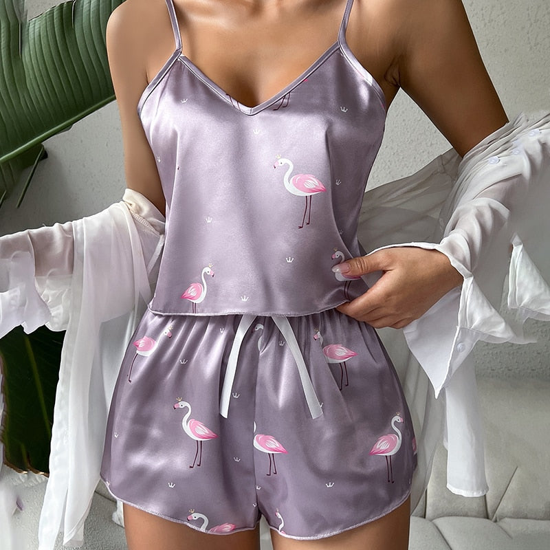 Ladies Satin Silk Lace Cami Vest Shorts Lingerie Pyjamas Set Summer Women Pajamas sets Two Piece set Pijama For Woman 0419E Purple