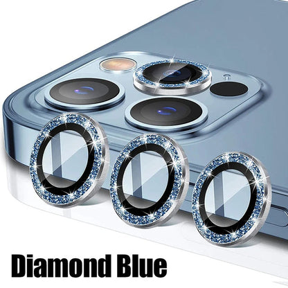 Lens Protector Glass for iPhone 11 Pro Max Plus Camera Lens Protection For iPhone Mini Metal Ring Camera Film Diamond Blue