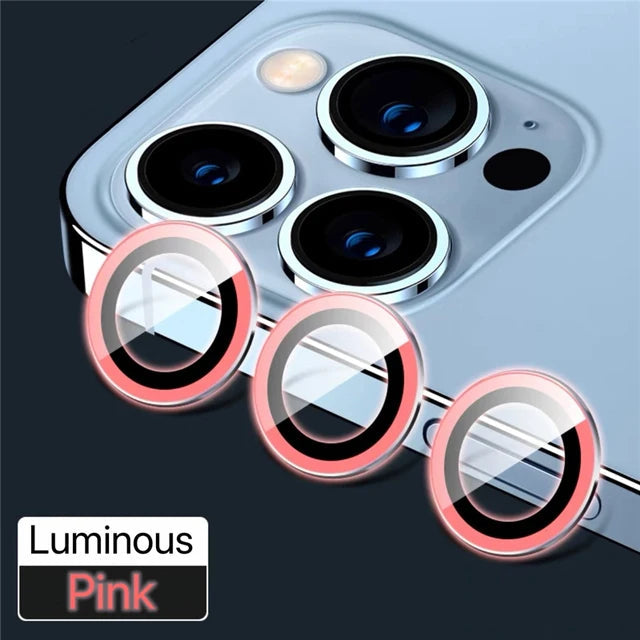Lens Protector Glass for iPhone 11 Pro Max Plus Camera Lens Protection For iPhone Mini Metal Ring Camera Film Luminous Pink