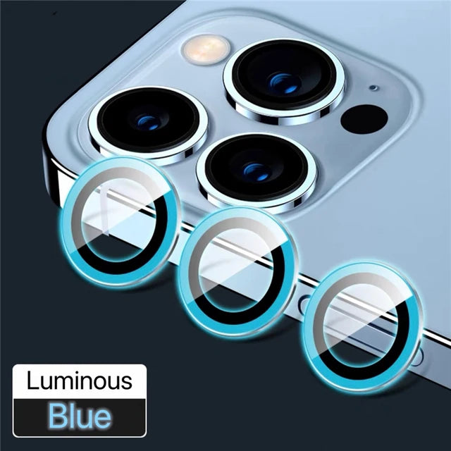 Lens Protector Glass for iPhone 13 Pro Max Plus Camera Lens Protection For iPhone Mini Metal Ring Camera Film Luminous Blue