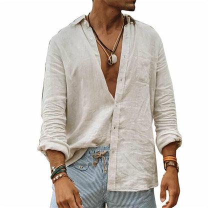 Men Casual Cotton Linen ShirtsStanding Collar Male Solid Color Long Sleeves Loose Tops Spring Autumn Handsome Men's Shirts White