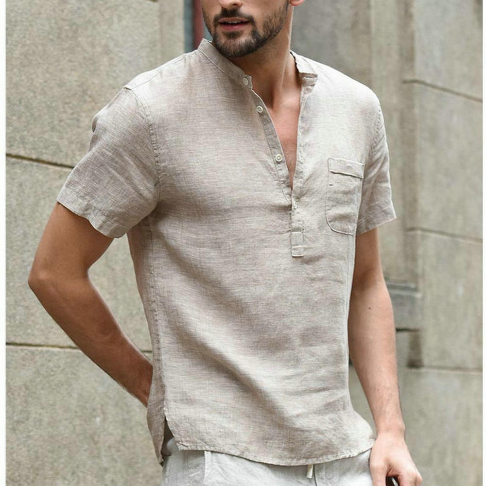 Men Casual Cotton Linen ShirtsStanding Collar Male Solid Color Long Sleeves Loose Tops Spring Autumn Handsome Men's Shirts Khaki