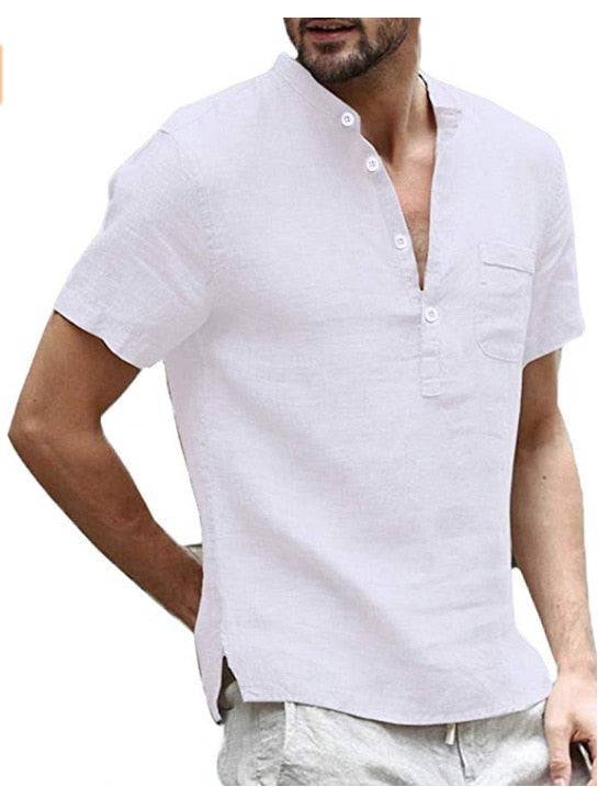 Men Casual Cotton Linen ShirtsStanding Collar Male Solid Color Long Sleeves Loose Tops Spring Autumn Handsome Men's Shirts White