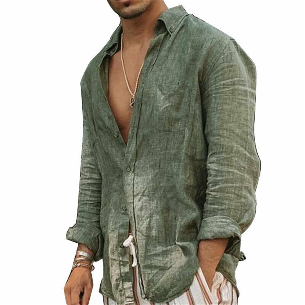 Men Casual Cotton Linen ShirtsStanding Collar Male Solid Color Long Sleeves Loose Tops Spring Autumn Handsome Men's Shirts Green