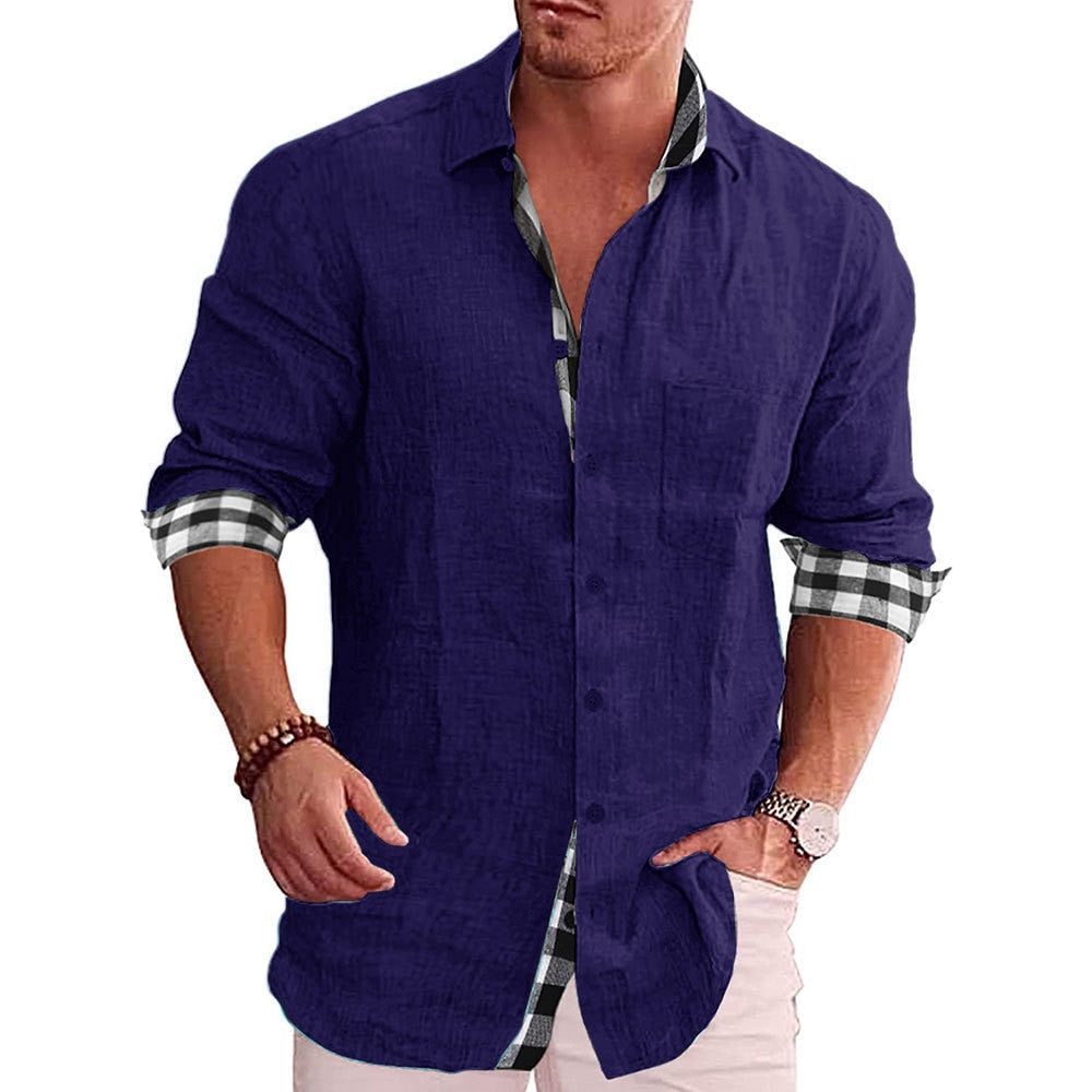 Men's Casual Cotton Linen Shirt Mock Neck Solid Long Sleeve Loose Top Spring and Autumn Handsome Fashion Shirt