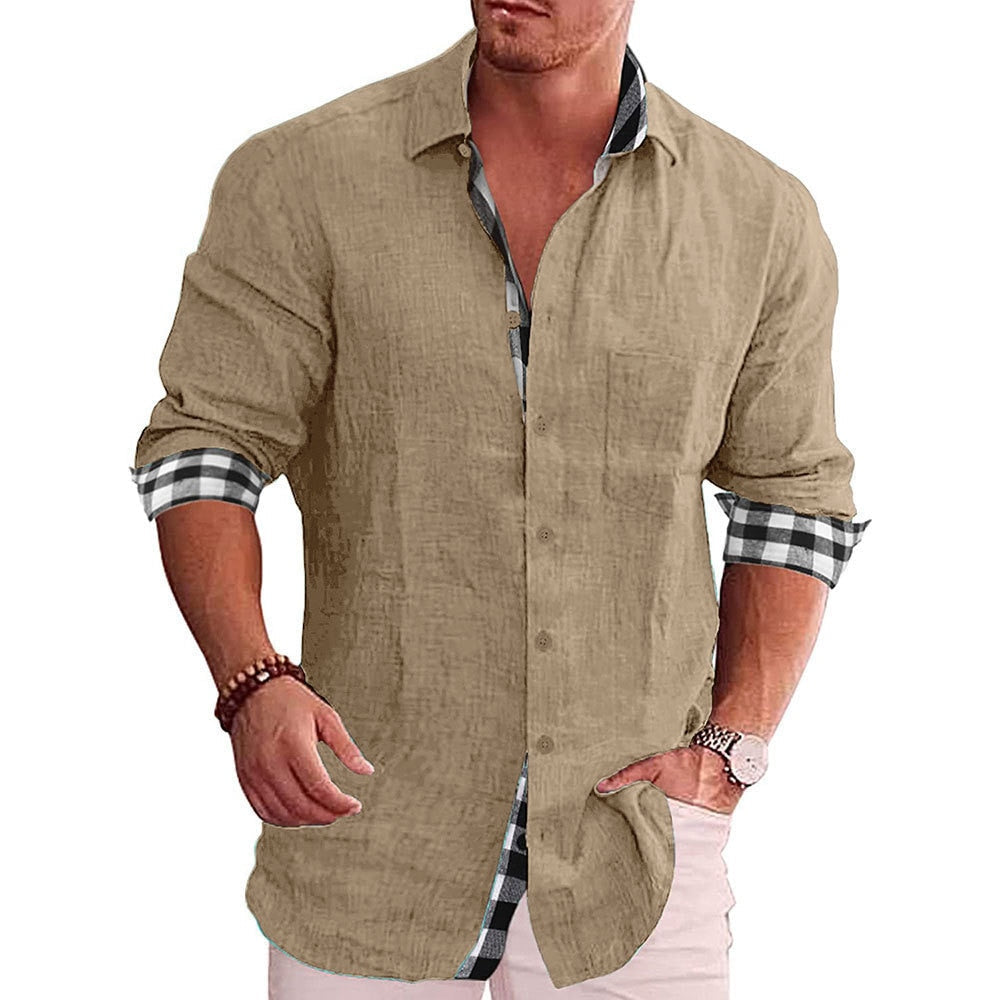 Men's Casual Cotton Linen Shirt Mock Neck Solid Long Sleeve Loose Top Spring and Autumn Handsome Fashion Shirt
