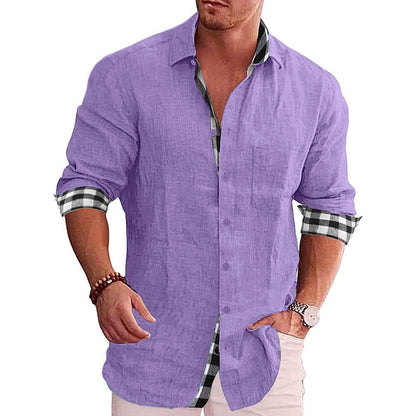 Men's Casual Cotton Linen Shirt Mock Neck Solid Long Sleeve Loose Top Spring and Autumn Handsome Fashion Shirt Light Purple