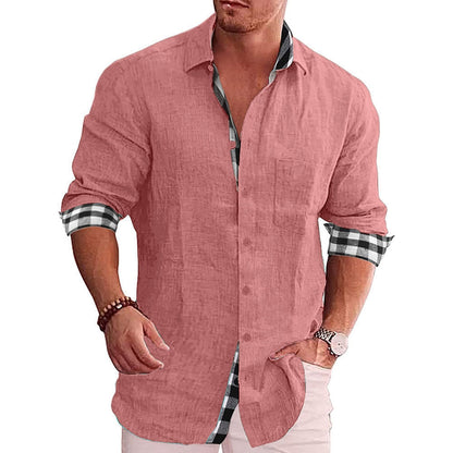 Men's Casual Cotton Linen Shirt Mock Neck Solid Long Sleeve Loose Top Spring and Autumn Handsome Fashion Shirt Pink