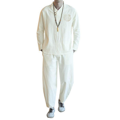 Men's Set Casual Suit Cotton Linen Shirt + Ankle Pants 2 Pieces Sets Oversize Men T-shirt Male Summer Tracksuit XXXXXL