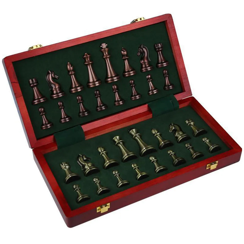 Metal Medieval Chess Set with High Quality Wooden Chessboard Adult and Children 32 Metal Chess Pieces Family Game Toy Gift Bronze