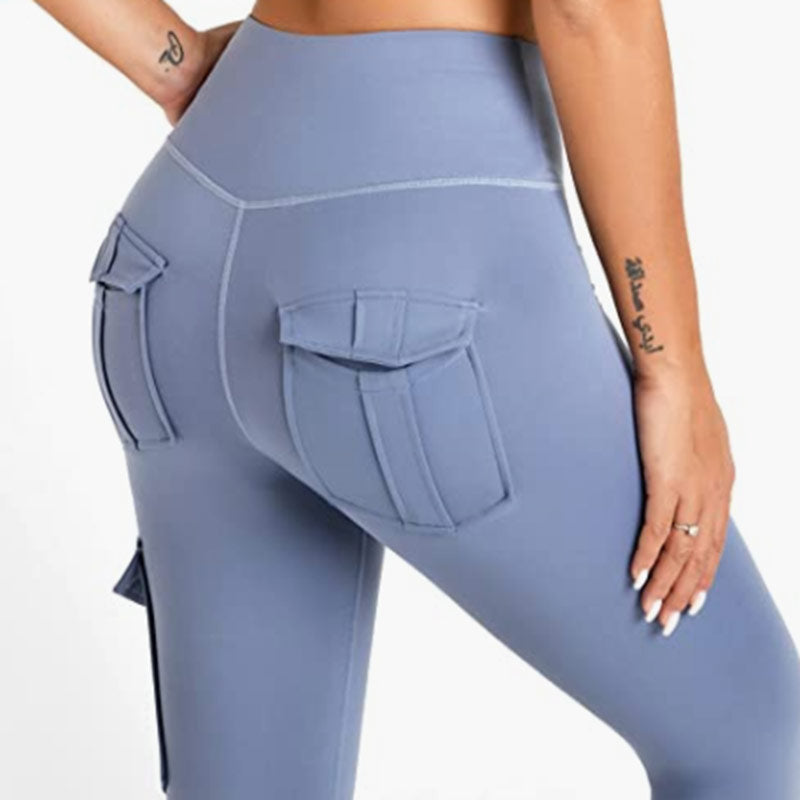 Multi-pocket Pants Yoga Leggings High Waist Solid Color Yoga Pants For Women Sporting Workout Leggins Elastic Slim Pant Blue
