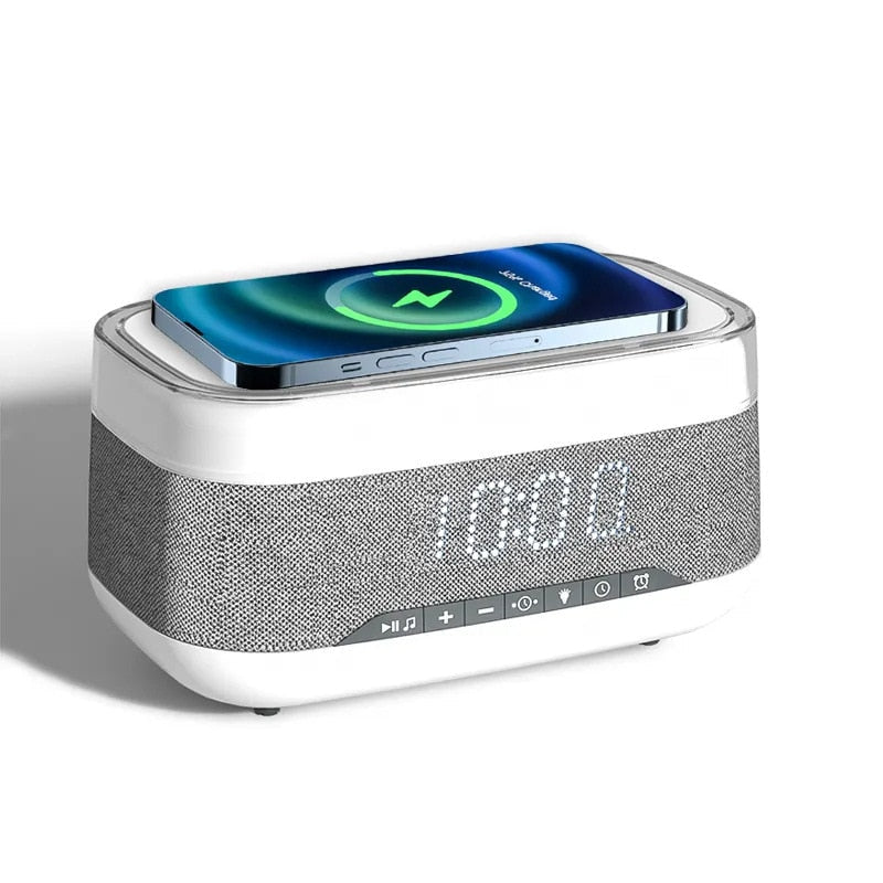 Multifunctional Intelligent Alarm Clock Bluetooth Speaker Wireless Charger Fast Charge Clock Atmosphere Night Light Home Decor