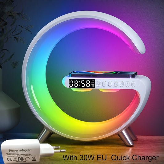 Multifunctional Wireless Charger Alarm Clock Speaker APP Control RGB Night Light Charging Station for Iphone 14 Samsung xiaomi White China