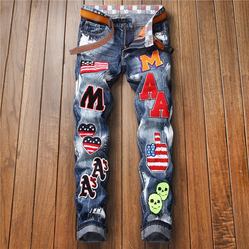 New Fashion AUTUMN Spring Hole Jeans Men's Ripped Skinny Biker Destroyed Denim Trousers 896 NO BELT