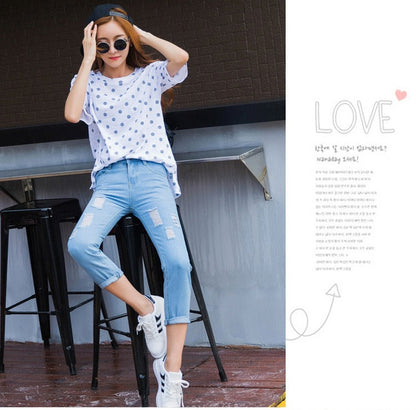 New Jeans For Women Plus Size Cotton Fashion Hole Feet Design Jeans Simple Summer Style Loose Jeans Ankle-Length Pants Hole Cool Sky Blue