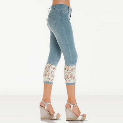 New Jeans For Women's Lace Spliced Calf-Length Pants Fashion Blue Casual Pencil Pants Size S-5XL
