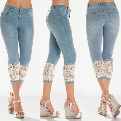 New Jeans For Women's Lace Spliced Calf-Length Pants Fashion Blue Casual Pencil Pants Size S-5XL