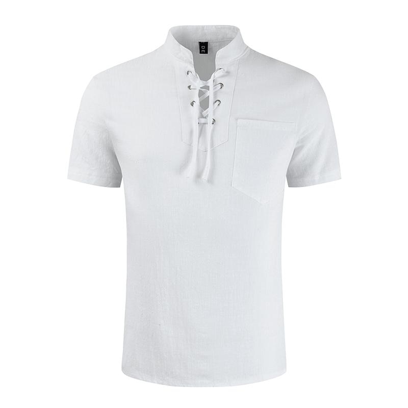 New Mens Summer Casual Shirt Short Sleeve Cotton Linen Shirts Men Loose Collarless Shirt Light Wight Clothing Chemise Homme White Linen Blouses