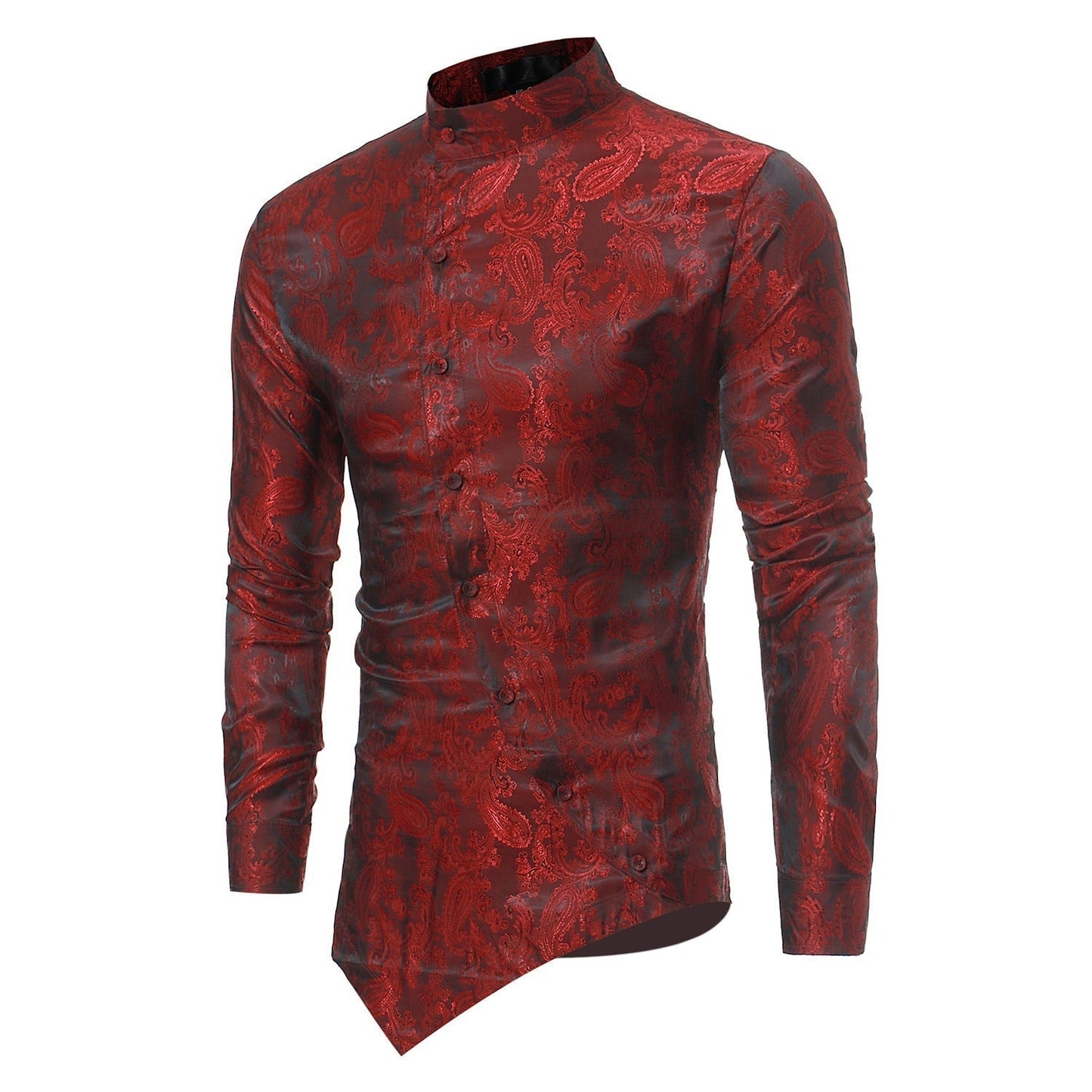 New Personalized Irregular Hem Design Men's Casual Long Sleeve Dark Textured Shirt European Size ZT-CS16 Wine Red