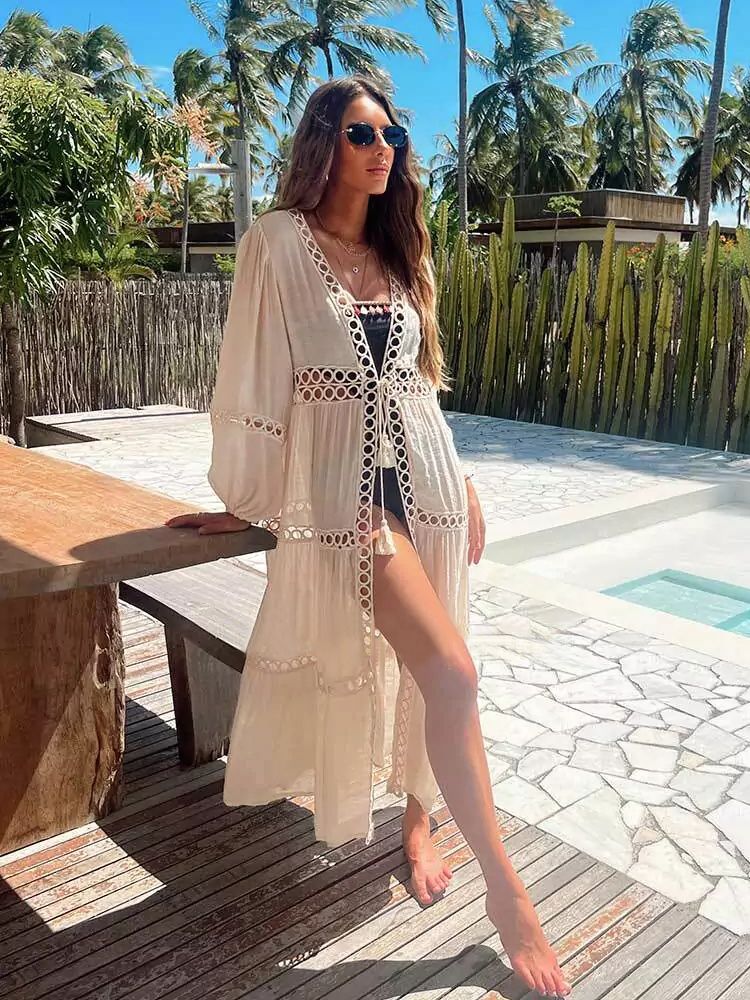 New Sexy Ruffle Long Sleeve Beach Cover Ups Swimsuit Solid Color Women`s Swimwear 2023 Female Bathing Suit Beachwear Mujer Dress Just Cover Up One Size-36