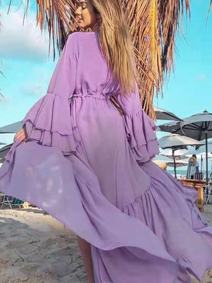 New Sexy Ruffle Long Sleeve Beach Cover Ups Swimsuit Solid Color Women`s Swimwear 2023 Female Bathing Suit Beachwear Mujer Dress LF980505Z1 One Size