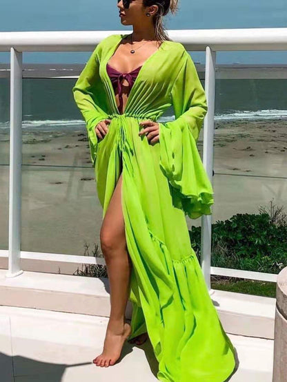 New Sexy Ruffle Long Sleeve Beach Cover Ups Swimsuit Solid Color Women`s Swimwear 2023 Female Bathing Suit Beachwear Mujer Dress LF980505G1 One Size