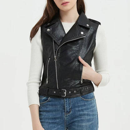 New Spring Autumn Women Slim Fit Pu Faux Leather Vest with Belt Moto Biker Female Sleeveless Short Waistcoat Tops Black