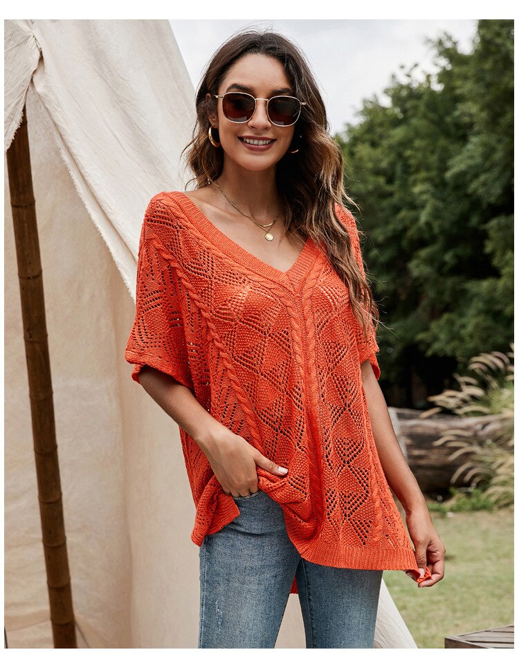 New Summer Openwork Batwing Sleeve Sweater Pullover Loose Knitted Blouse Solid Color V-neck Hollow Out Short Sleeve Shawl Orange