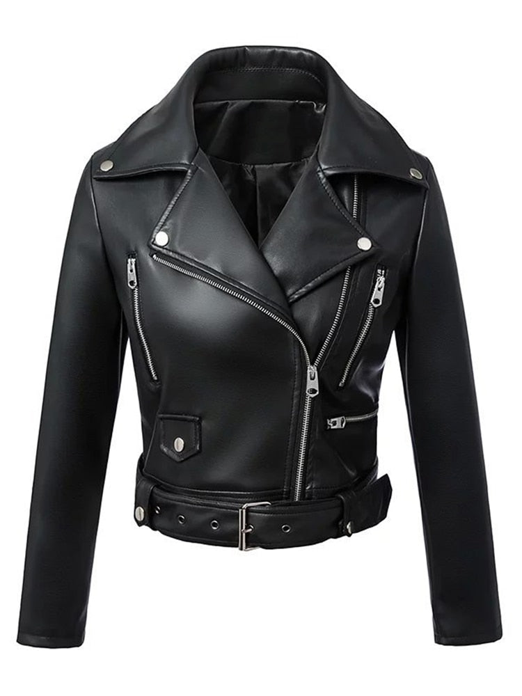 New Women Spring Autumn Black Faux Leather Jackets Zipper Basic Coat Turn-down Collar Motor Biker Jacket With Belt