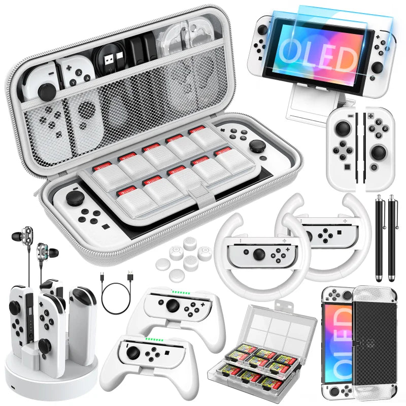 Nintendo Portable Handheld Biped Bag, Switch OLED 27 in 1 Gift Bag, with Screen Tempered Film Handle and Other Accessories White